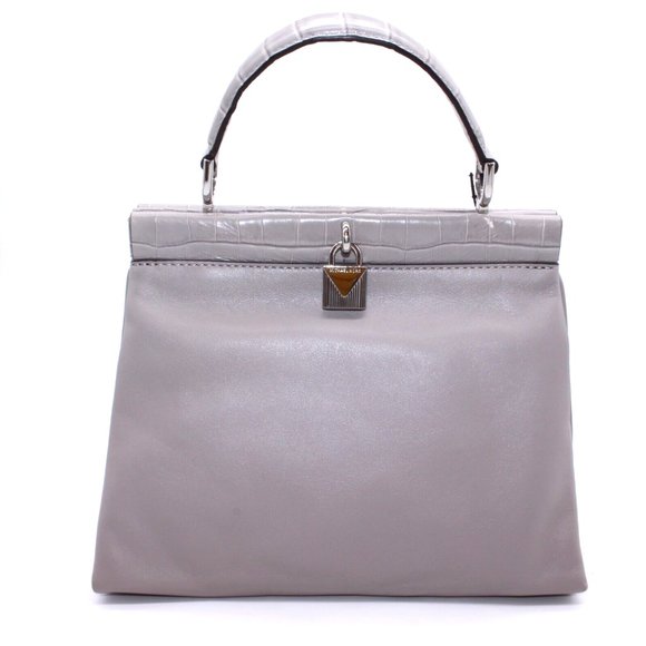 Michael Kors SATCHEL Shoulder Bag Logo Leather Gray Women Croc Trim - Picture 1 of 11
